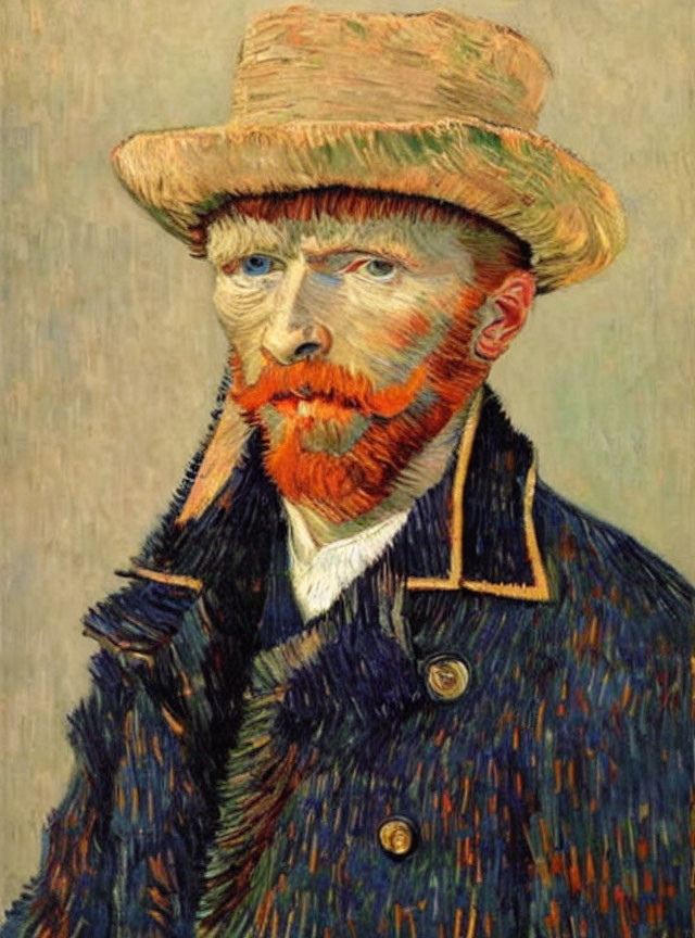Bearded Man with Red Hair in Straw Hat and Blue Coat Painting
