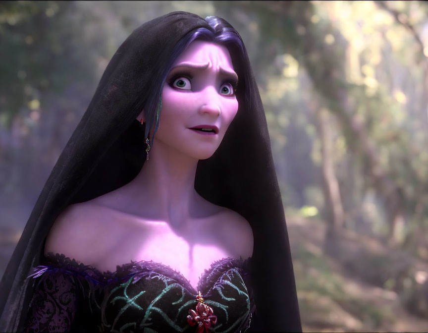 Surprised animated female character in black veil and dark dress in misty forest