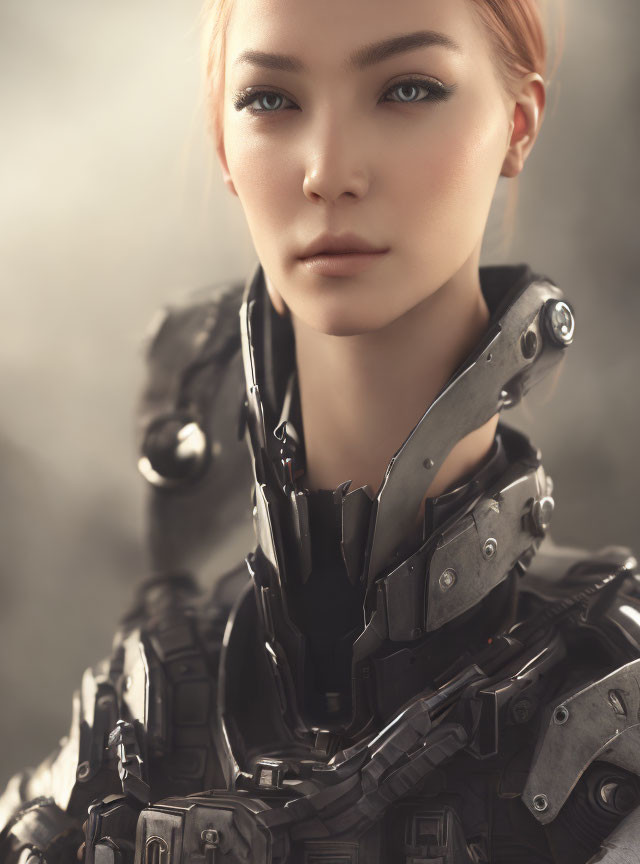 Blonde Person in Futuristic Black Armor with Blue Eyes