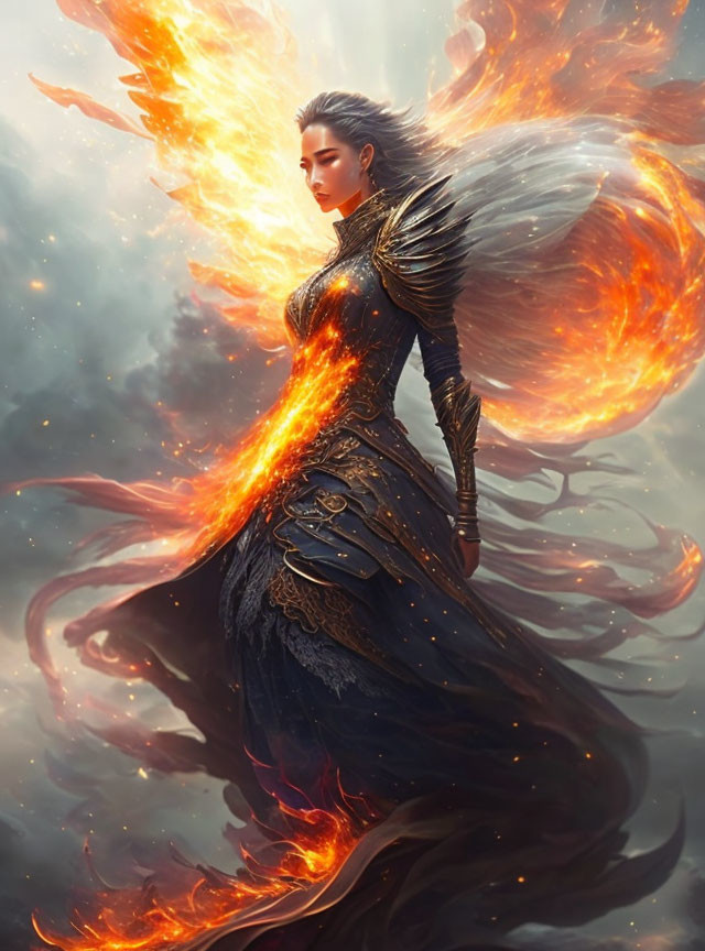 Fantasy warrior woman with phoenix wing and ornate armor standing tall