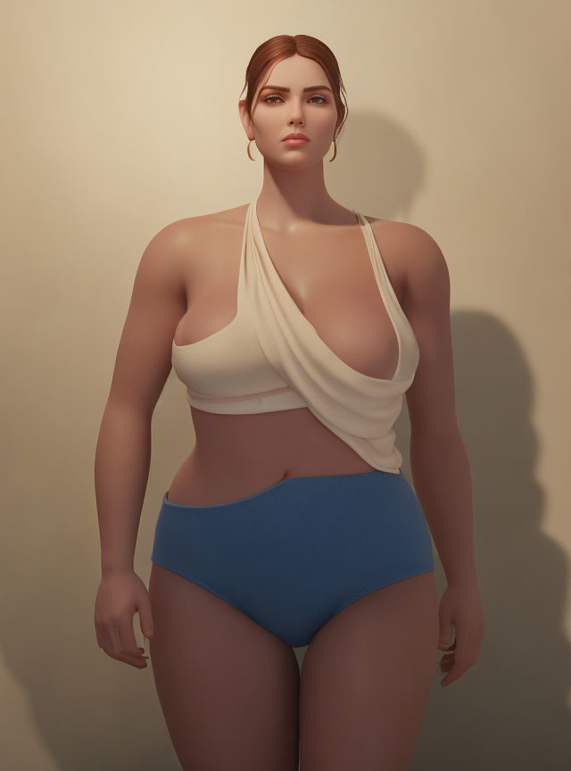 Digital artwork: Woman in neutral expression, white top, blue high-waisted bottoms, beige background