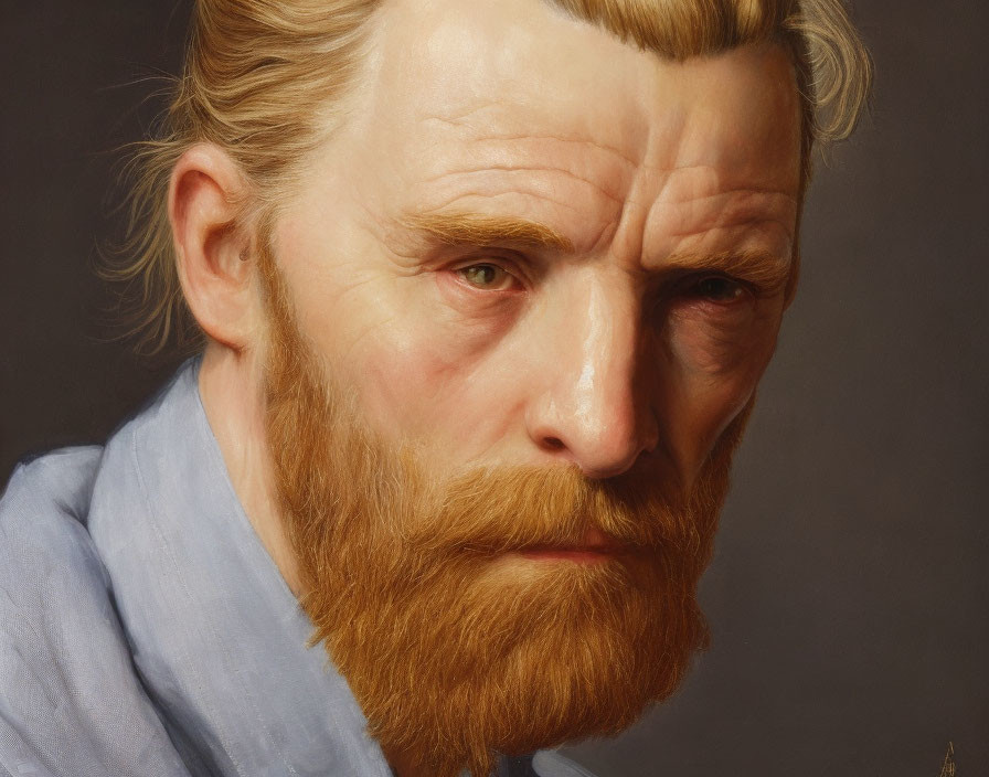 Realistic portrait of a man with ginger beard and combed back hair.