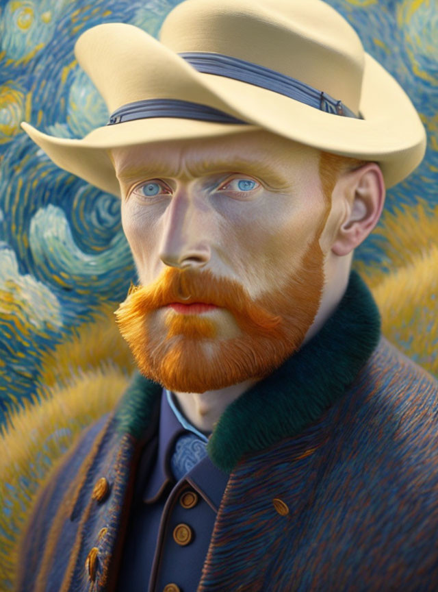 Man with Straw Hat and Red Beard in Van Gogh-Inspired Portrait