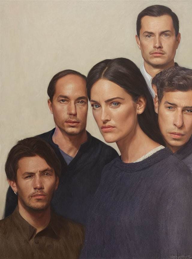 Realistic painting of five solemn-faced individuals in a group.