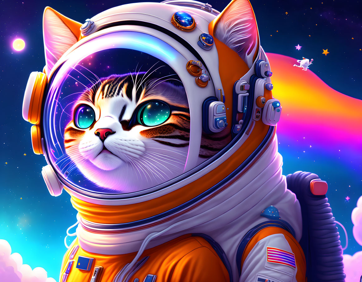 Colorful Anthropomorphic Cat in Astronaut Suit Against Cosmic Backdrop