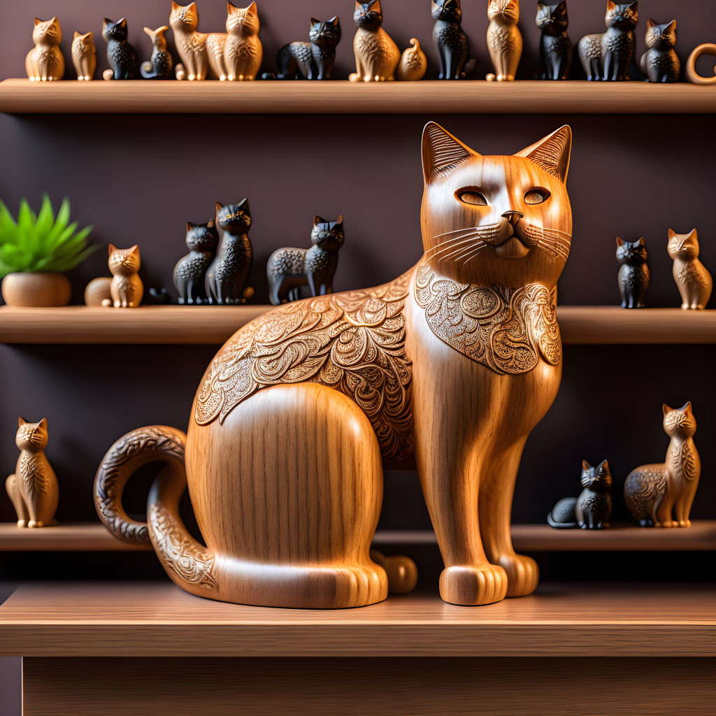 Ornate wooden cat sculpture with detailed carvings on shelf