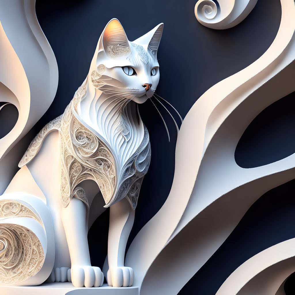 Stylized white cat with intricate patterns on abstract dark blue background
