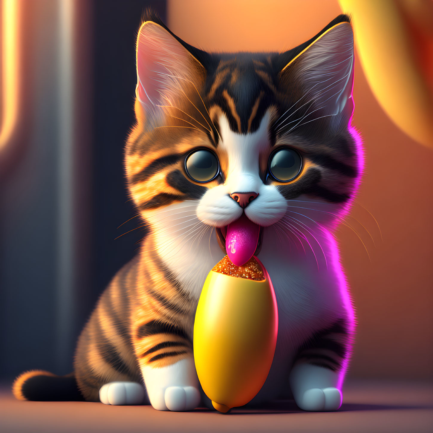 Cartoon Kitten Eating Colorful Candy in Warm Environment