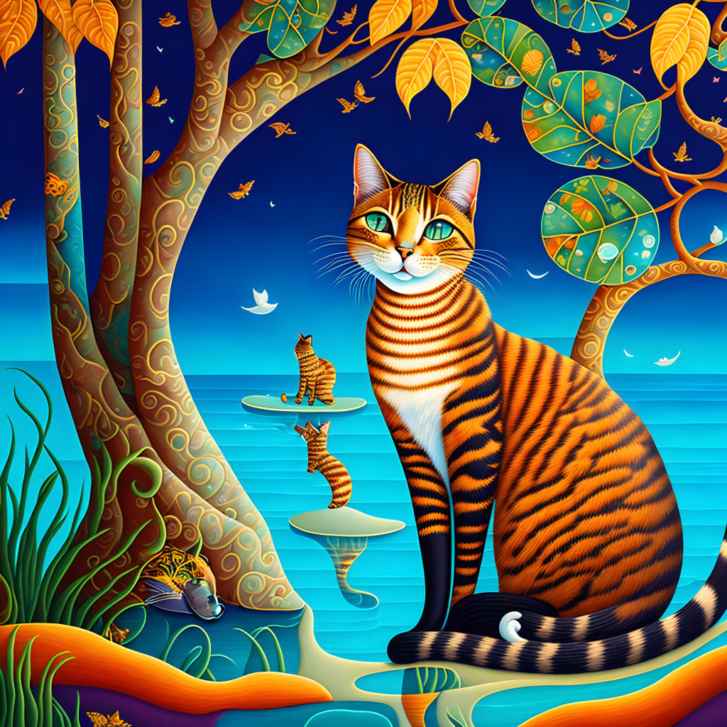 Colorful Stylized Image of Orange Striped Cat by Water Fountain