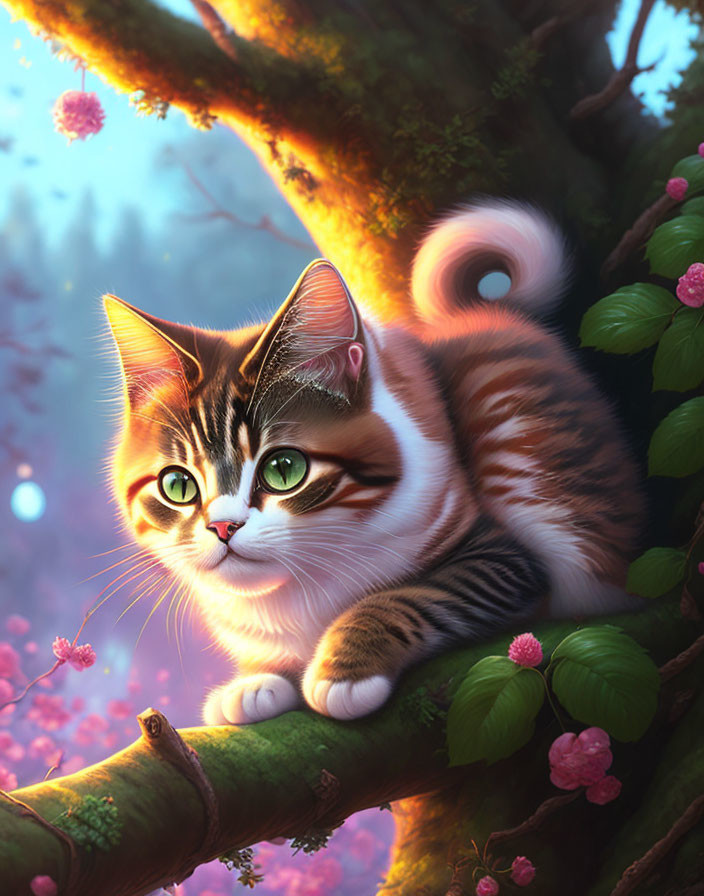 Fluffy tabby cat with green eyes on mossy tree branch in magical forest