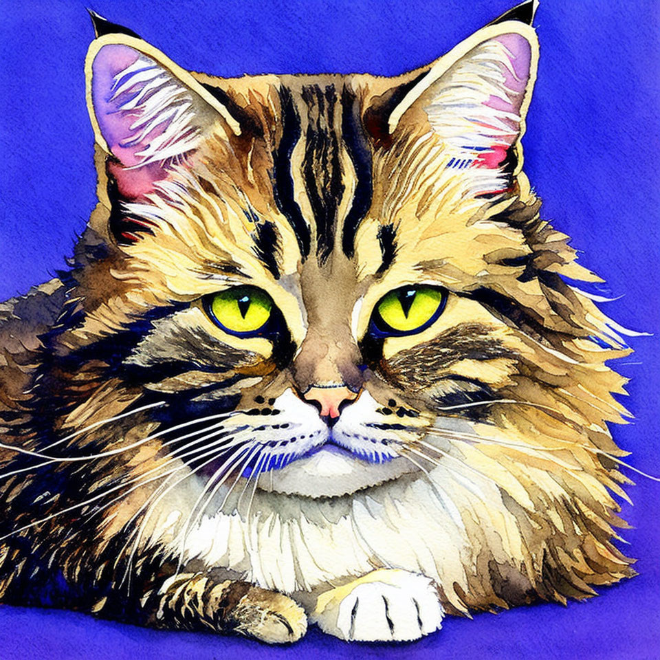 Colorful Watercolor Painting of Fluffy Tabby Cat with Green Eyes