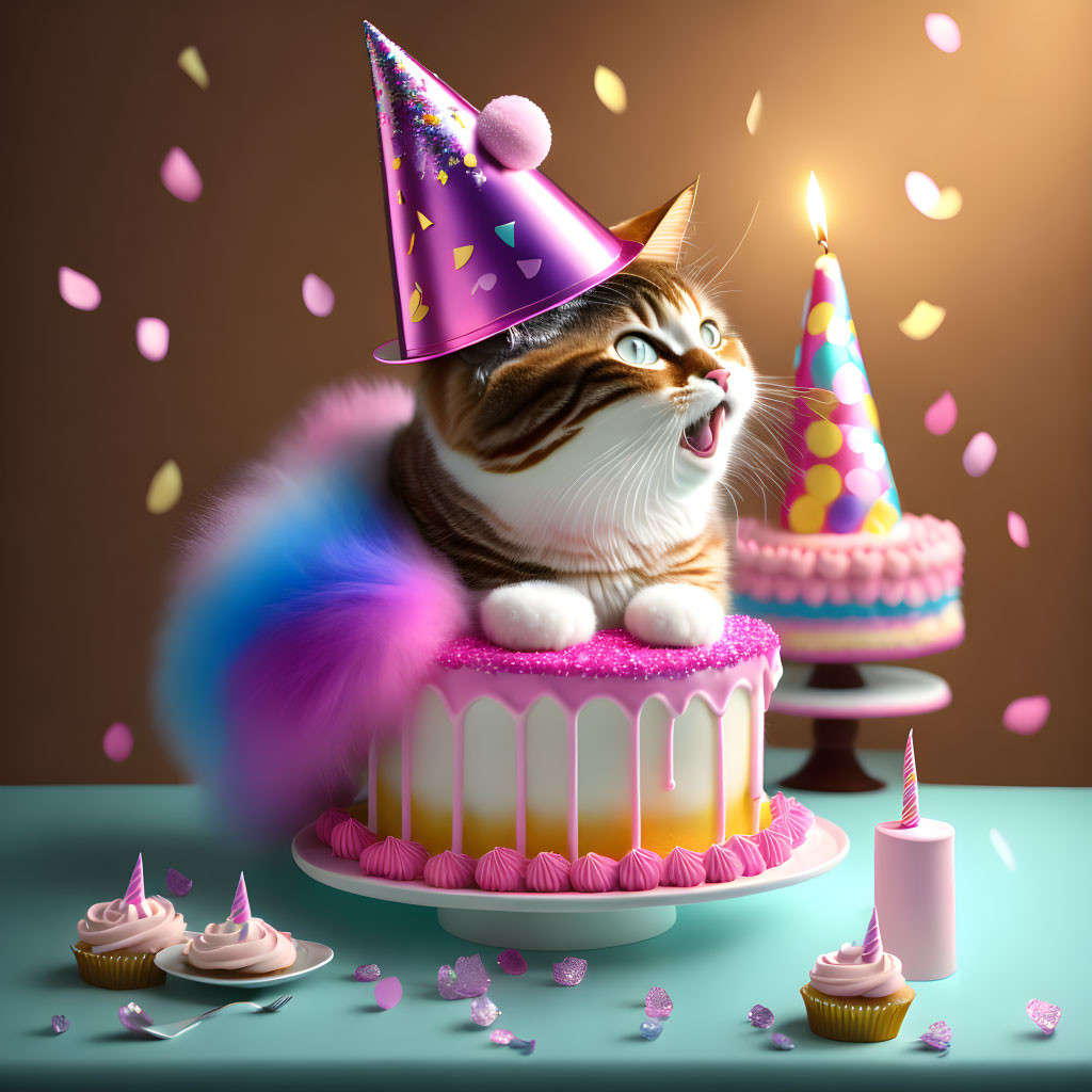 Tabby cat in party hat next to birthday cake with candles.