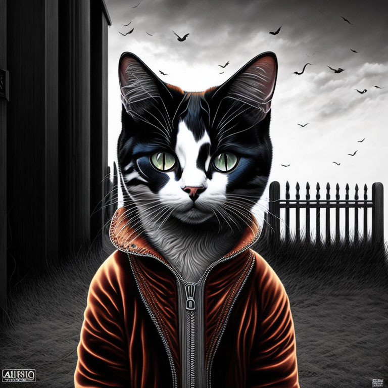 Stylized illustration of cat in orange hoodie on monochrome background