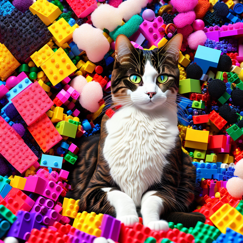 Cat Surrounded by Colorful Toys and Blocks