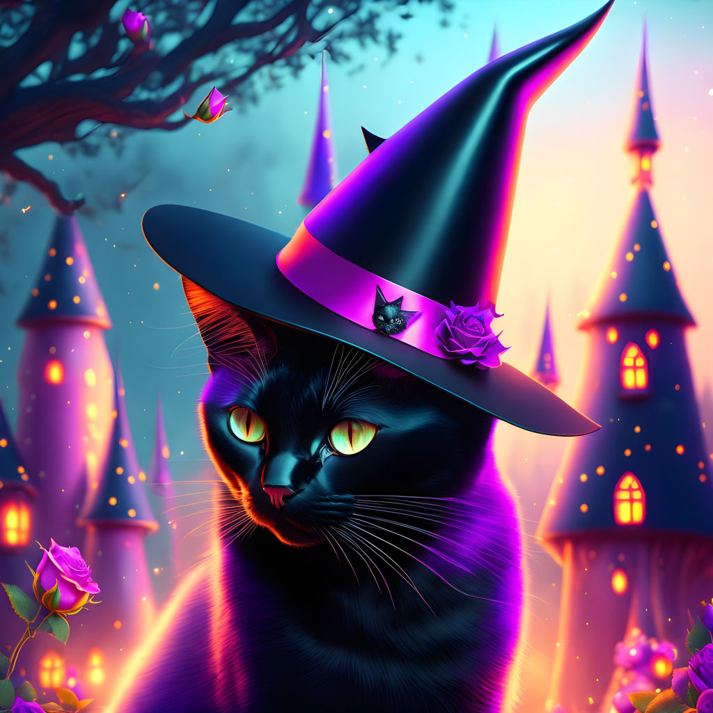 Digital artwork of mystical black cat with glowing yellow eyes in witch's hat against enchanted castle backdrop and blo