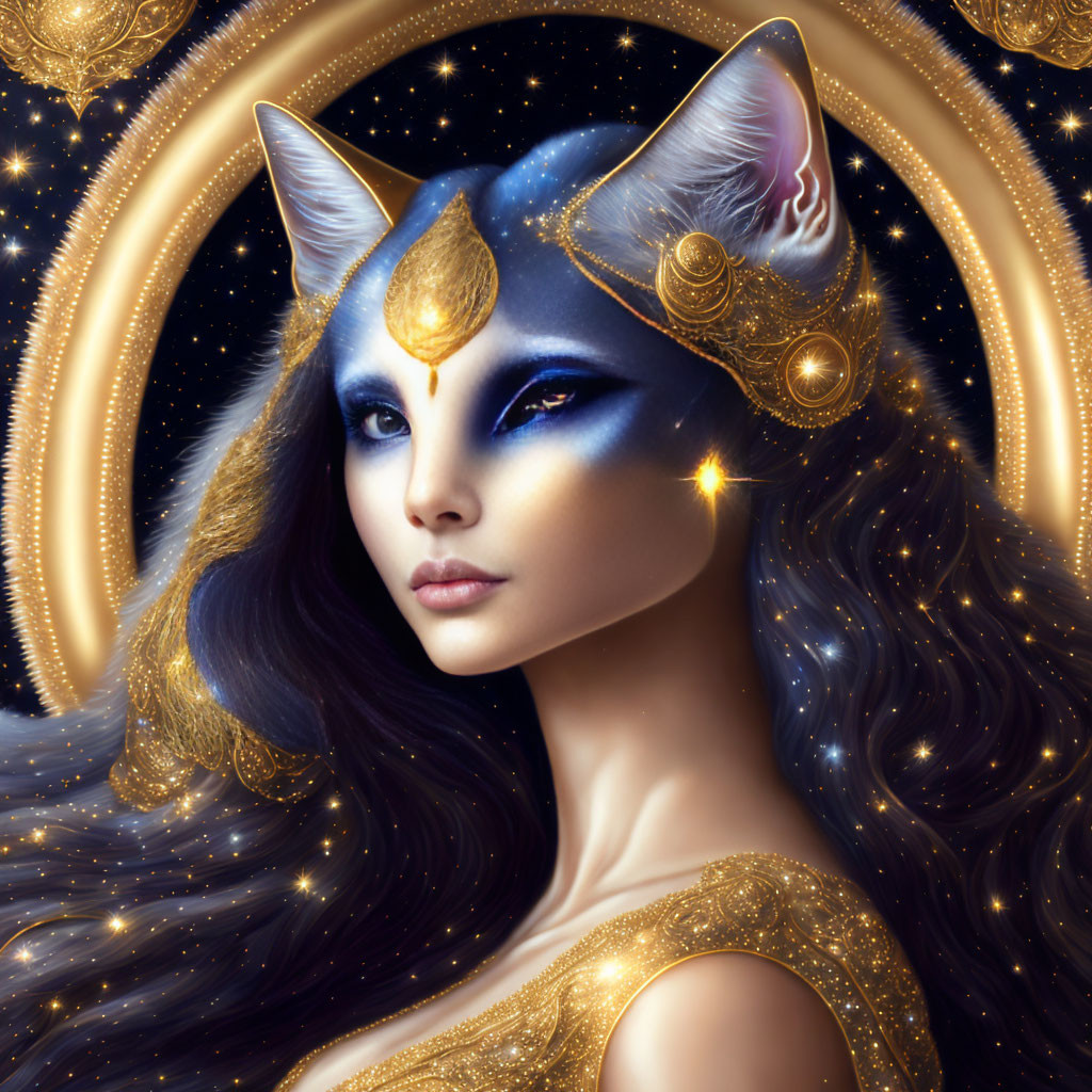 Mystical female figure with cat ears in cosmic backdrop