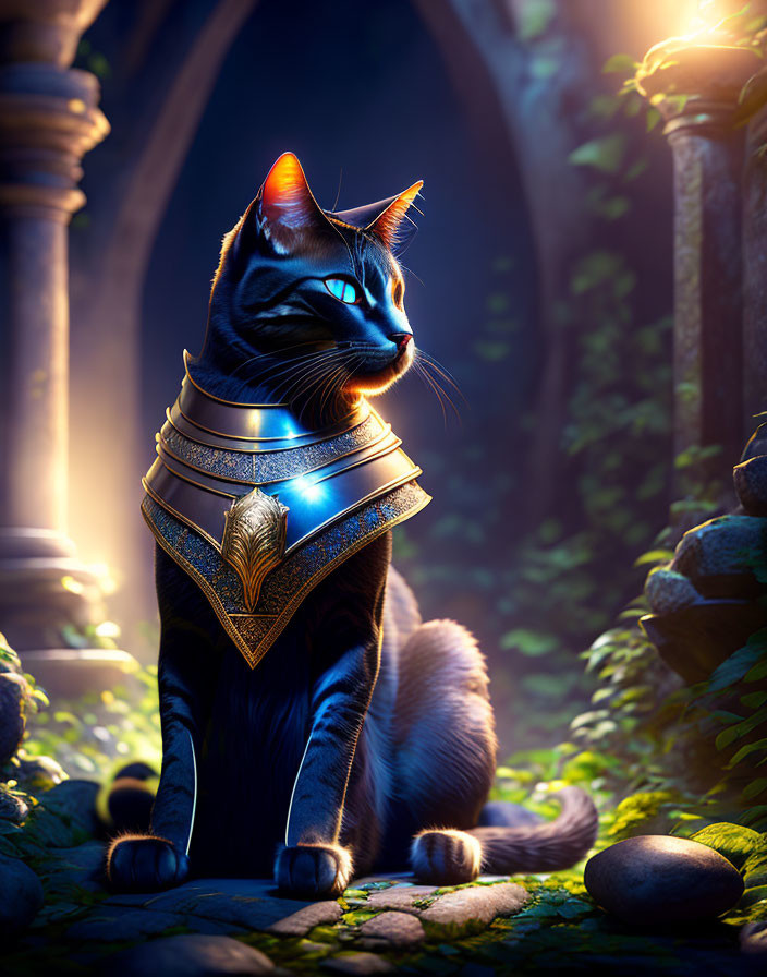 Majestic black cat in glowing armor in mystical forest with stone arches
