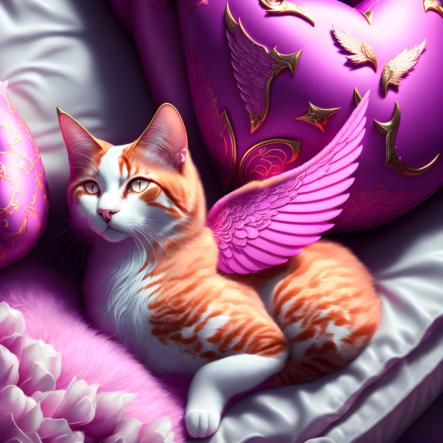Orange and White Cat with Pink Wings on Purple and Pink Bed with Golden Bird Decorations