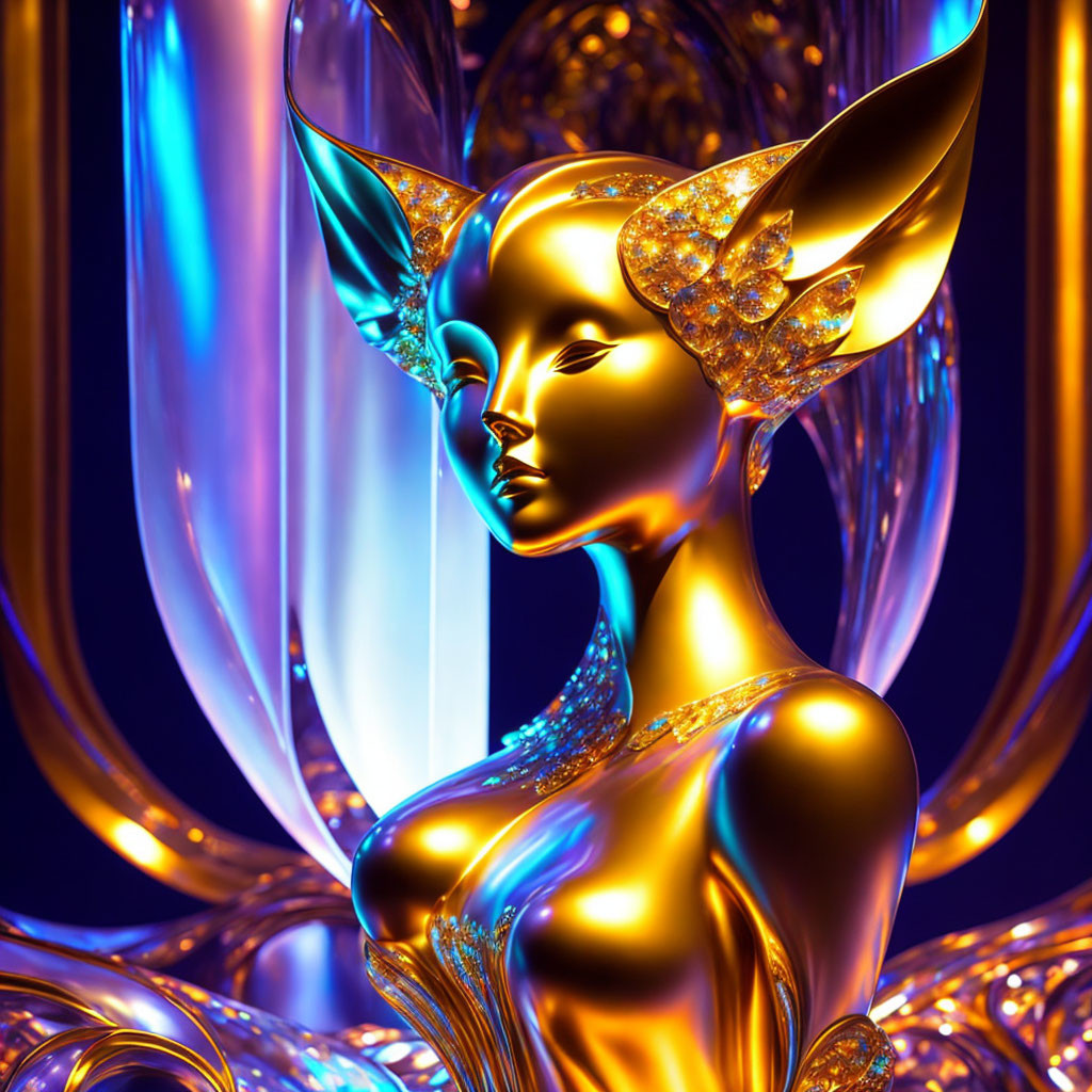 Golden metallic elfin figure with crystal embellishments on blue backdrop with golden swirls