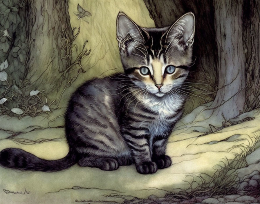 Illustrated striped kitten in forest setting with bright eyes