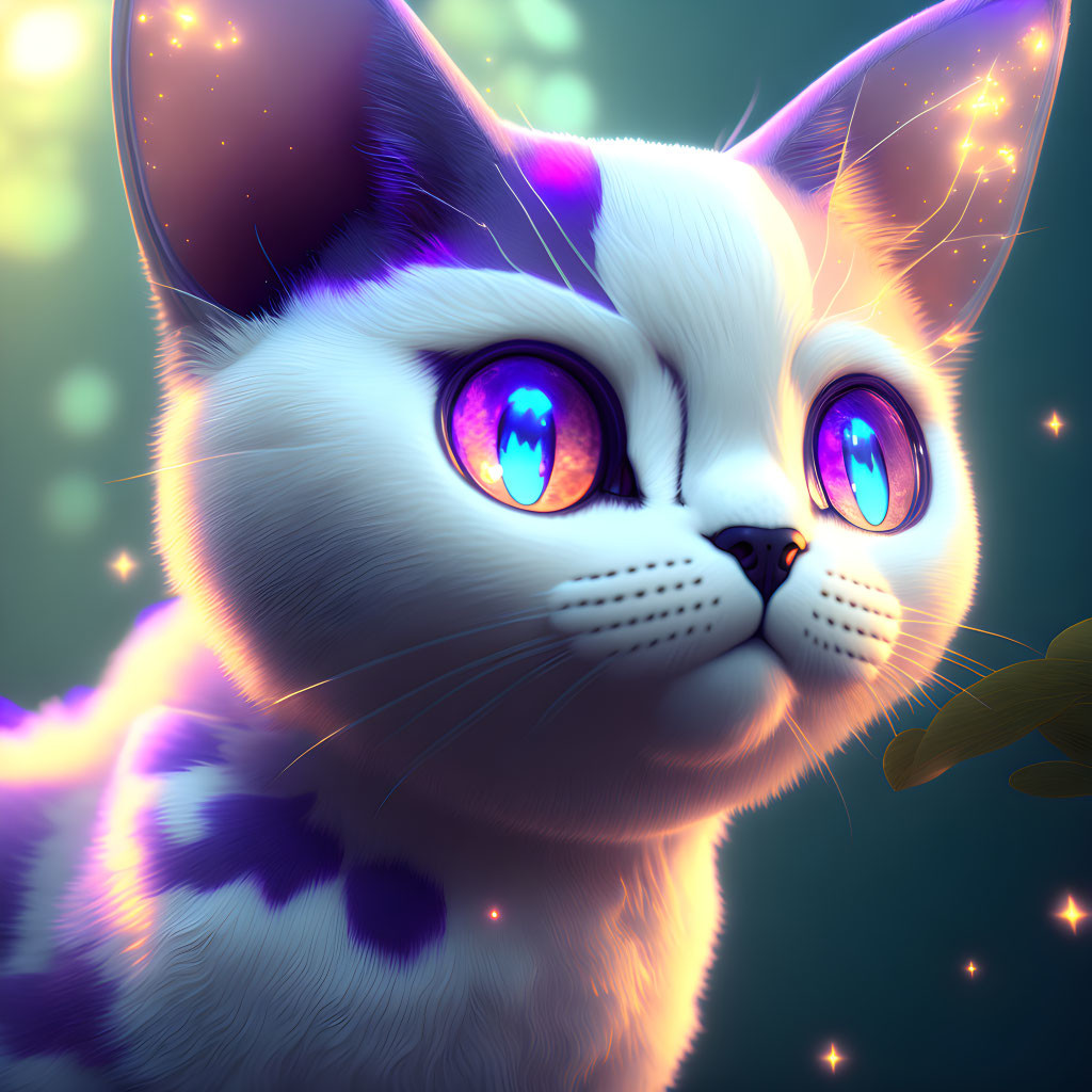 Whimsical Cat Digital Illustration with Blue Eyes and Sparkling Lights