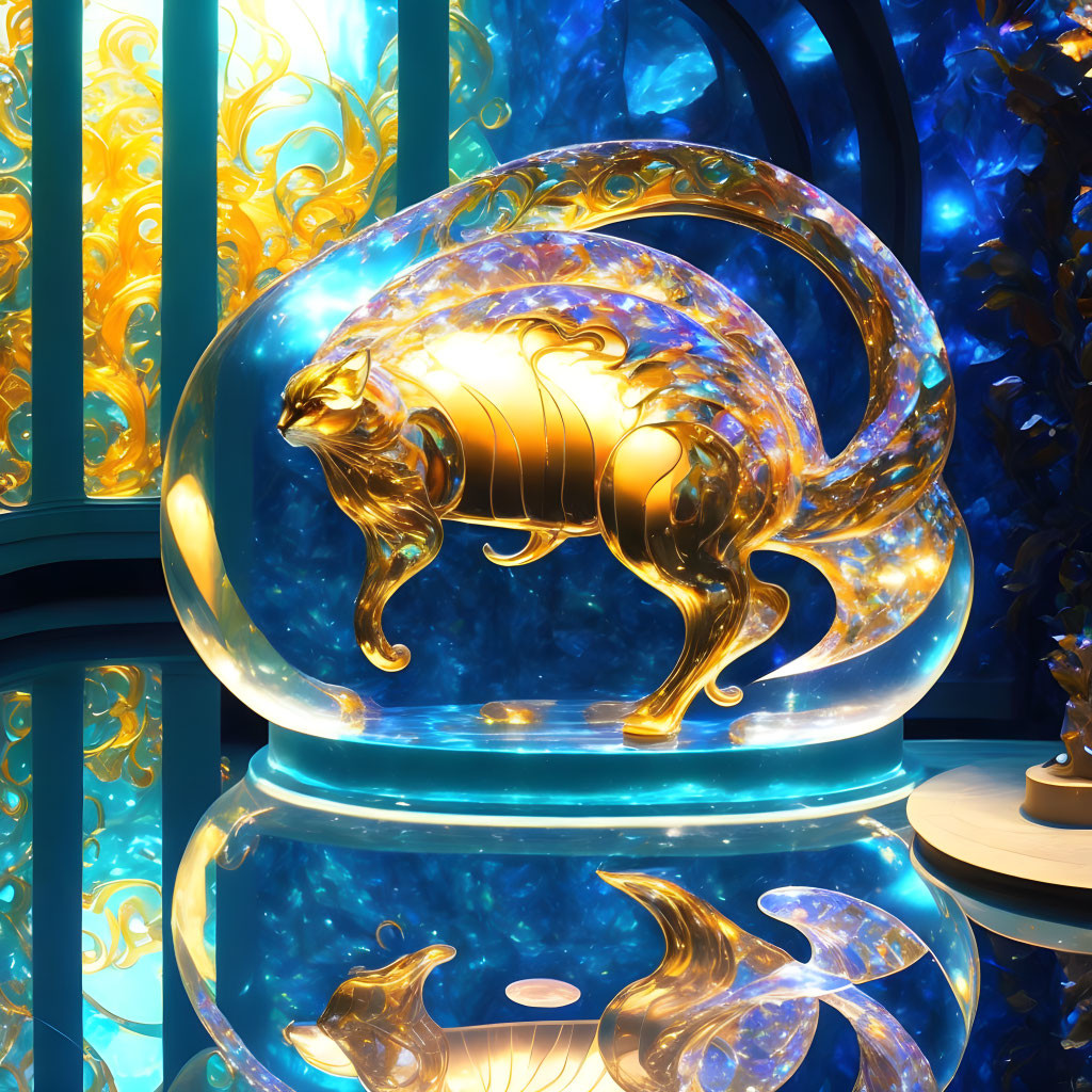 Golden lion sculpture in transparent sphere on vibrant blue and gold abstract backdrop