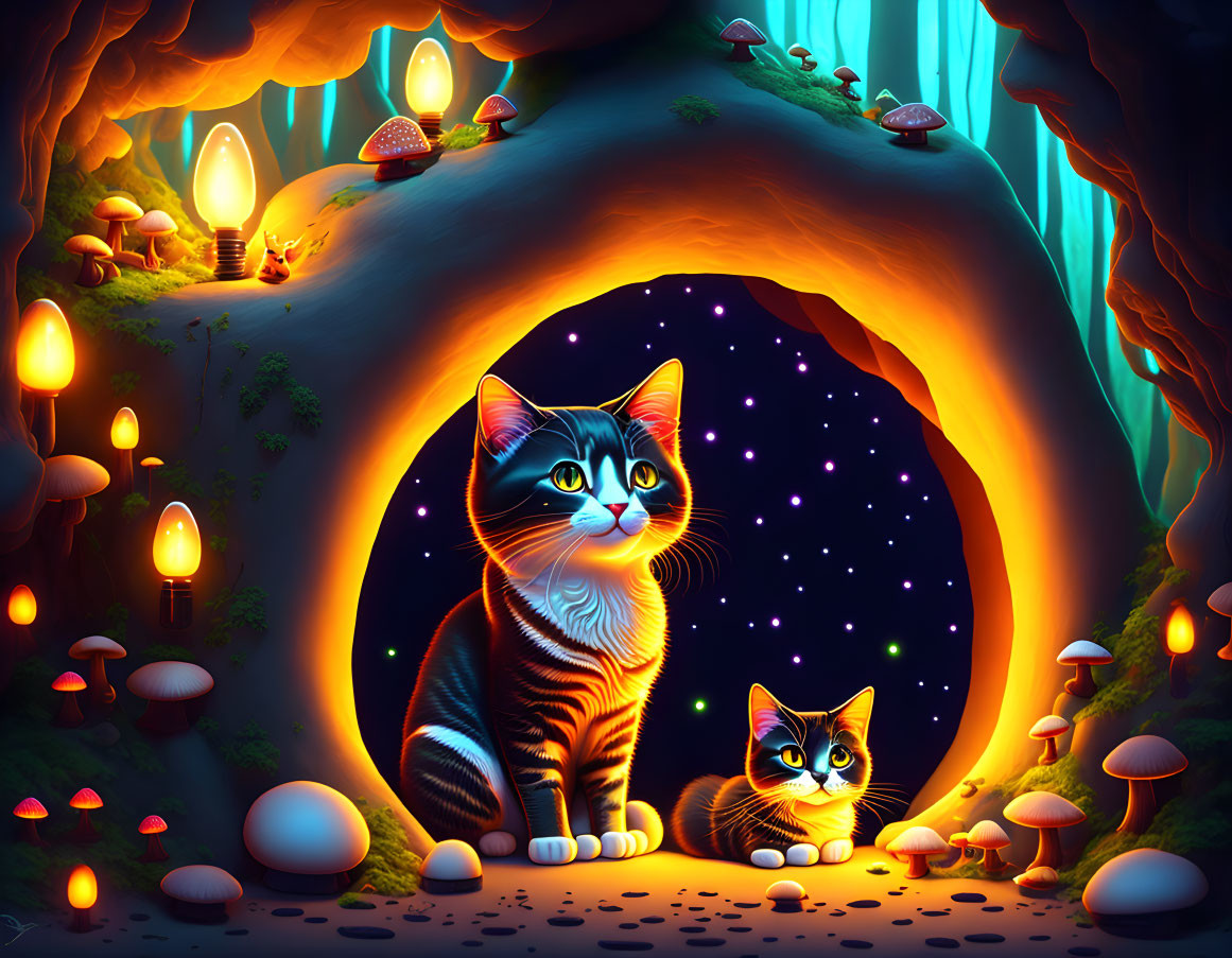Two Cats in Glowing Cave with Mushrooms and Starry Night Sky