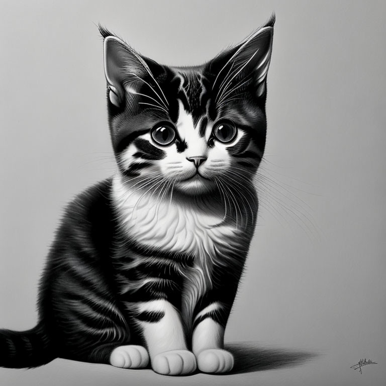 Monochrome striped kitten with big eyes on gray backdrop