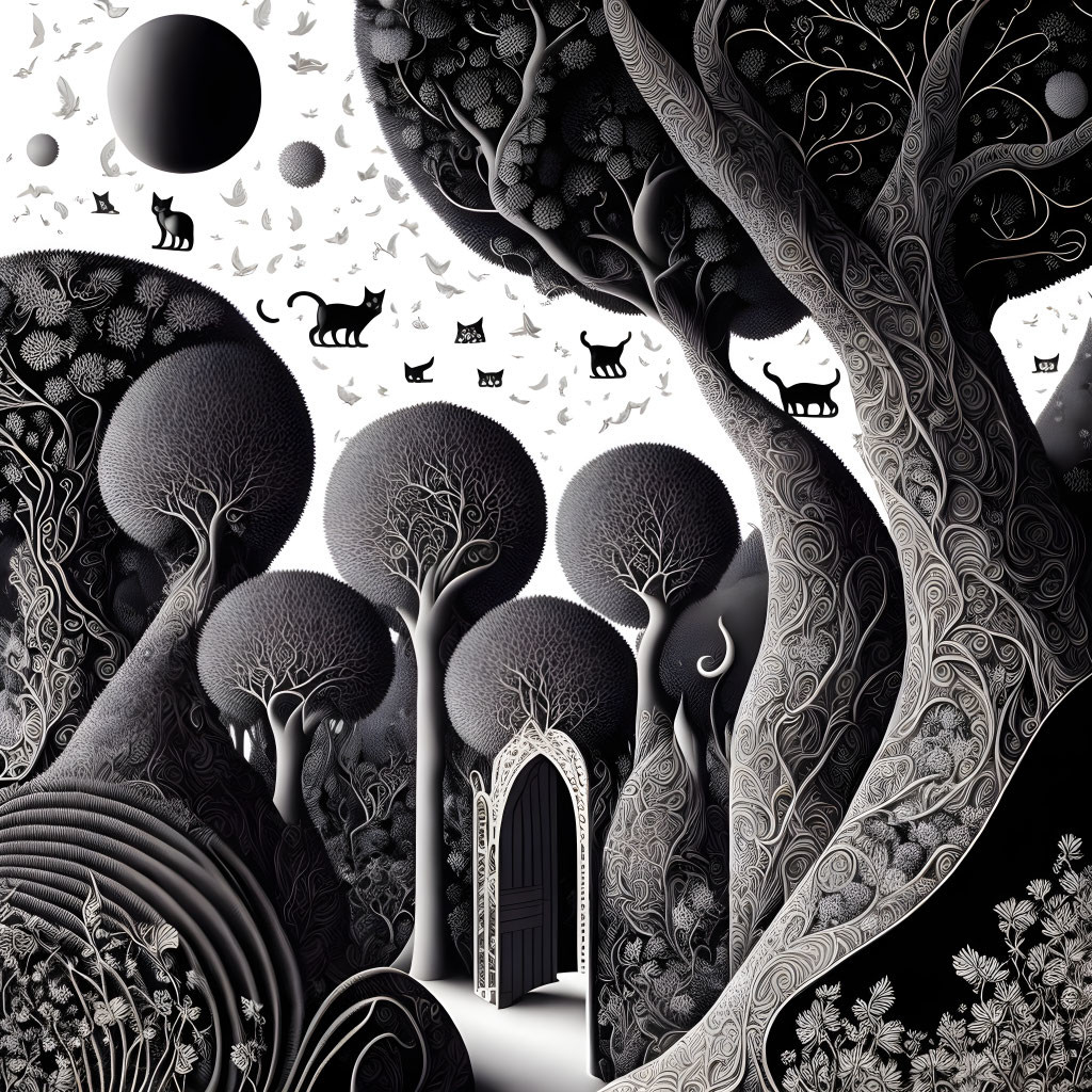 Monochrome fantasy illustration with whimsical trees, cats, door, and celestial bodies