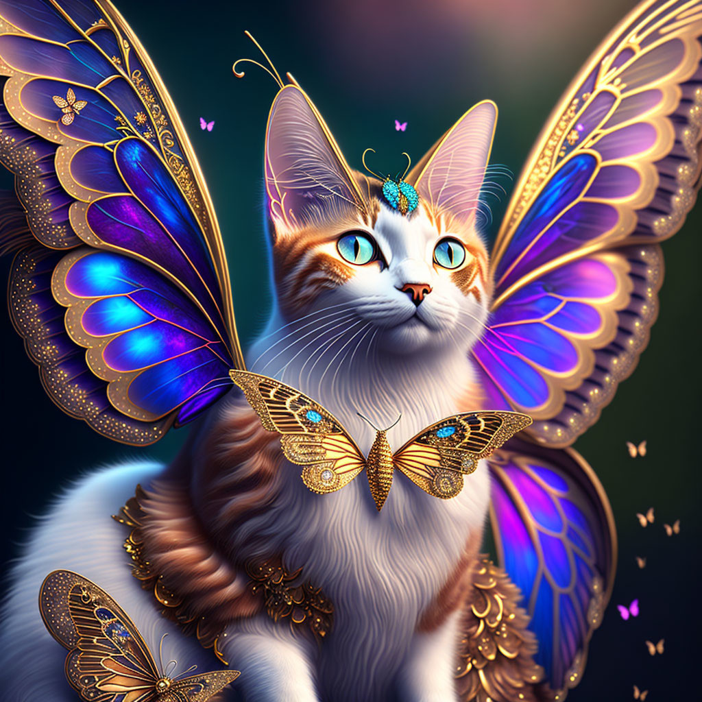 Cat with Butterfly Wings and Intricate Motifs: Vibrant and Whimsical Blue-Eyed
