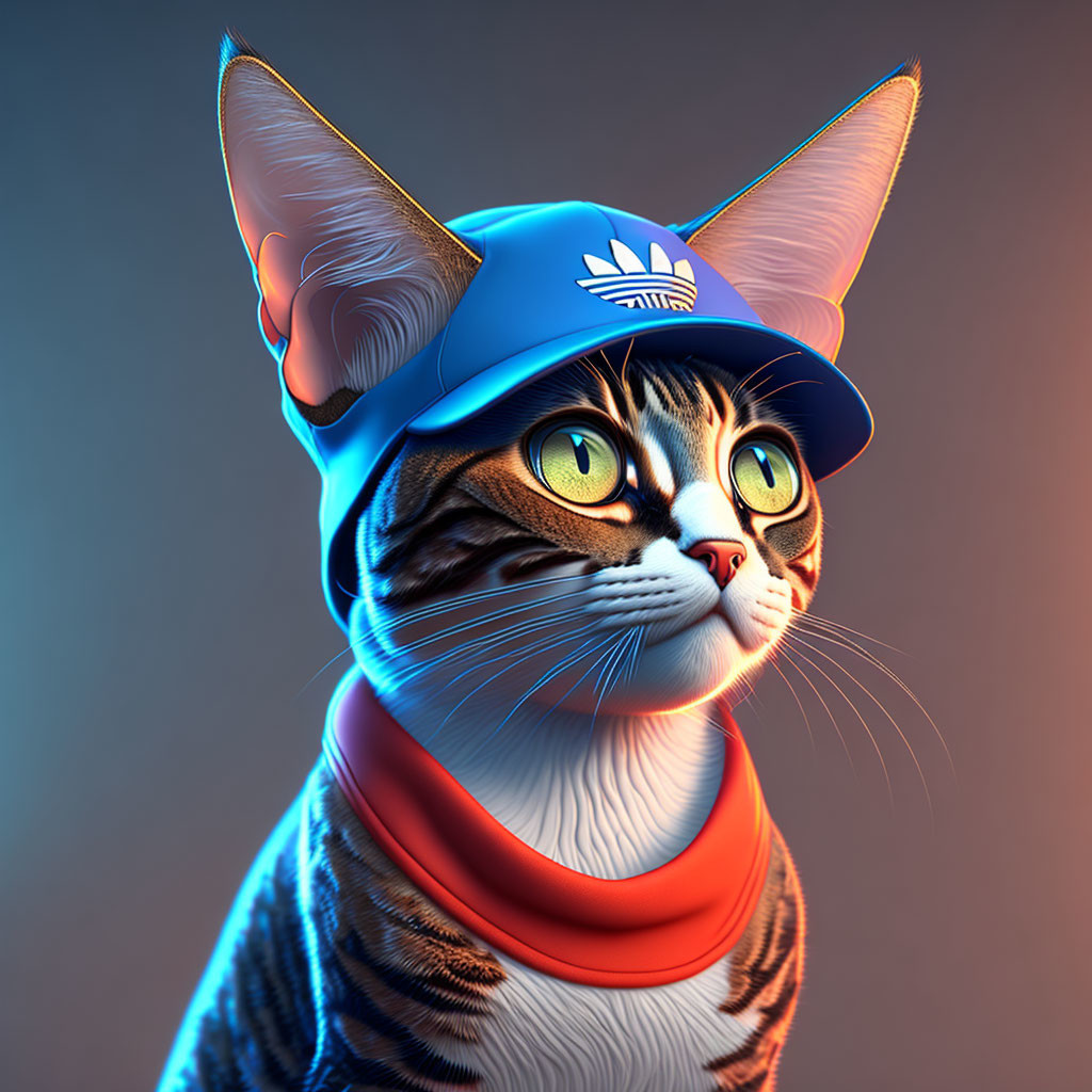 Digital illustration of cat in blue cap and red scarf with human-like posture