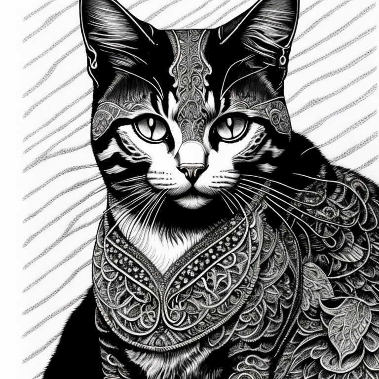 Intricate black and white cat illustration with mandala patterns
