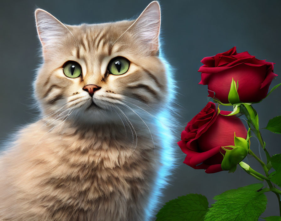 Fluffy Tabby Cat with Green Eyes Beside Red Roses on Grey Background