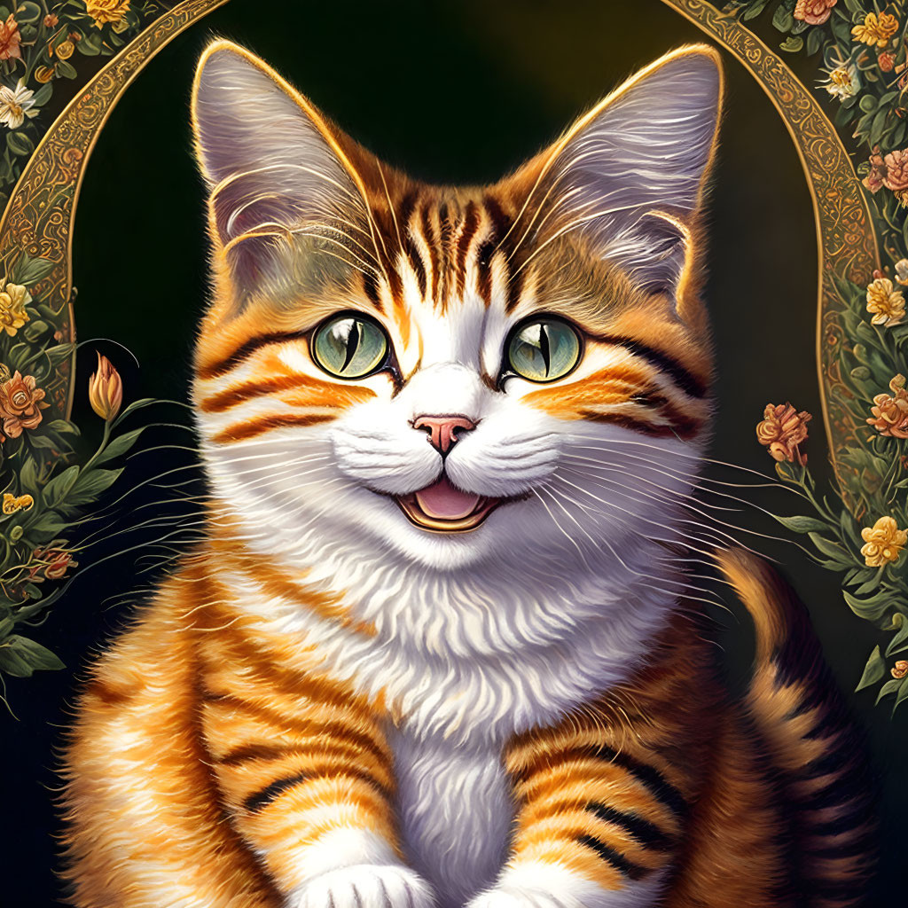 Detailed illustration of whimsical orange and white striped cat with tongue out on dark floral backdrop