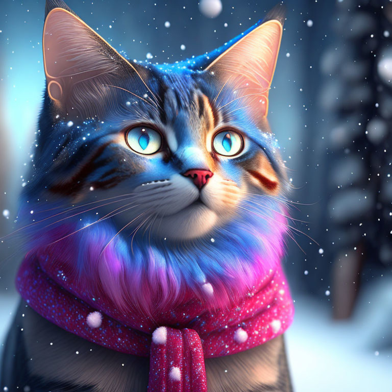 Cat with Blue Eyes and Colorful Fur in Pink Scarf on Snowy Background