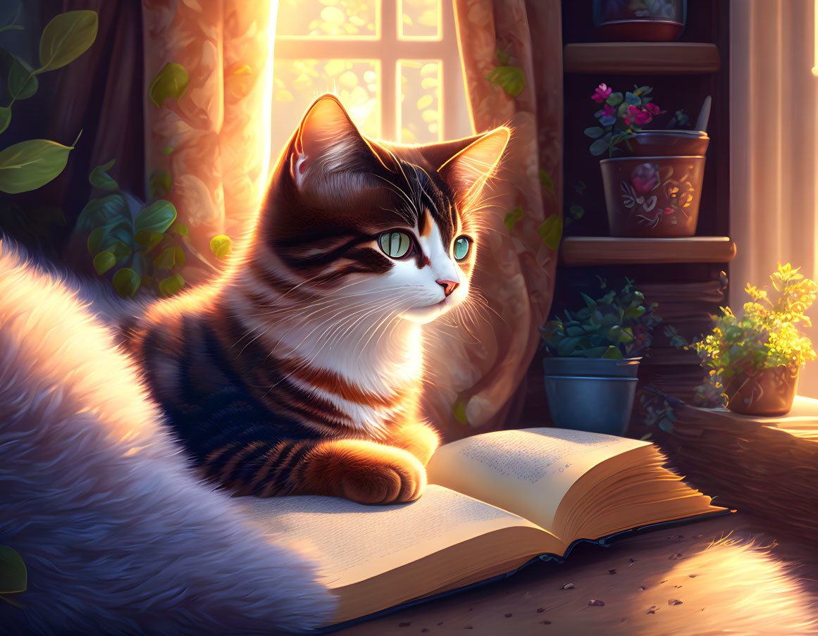 Cat relaxing by open book in cozy sunlit room