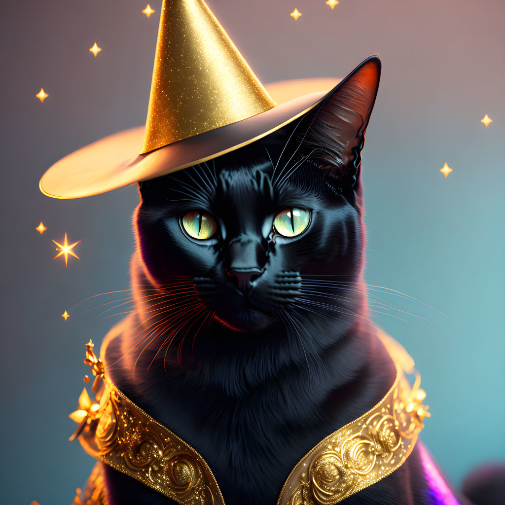 Black Cat with Blue Eyes in Golden Wizard Hat and Starry Collar