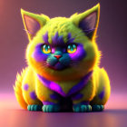 Vibrant 3D illustration of a colorful fluffy cat with green eyes
