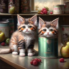 Fluffy Kittens Surrounded by Vintage Canned Food and Fruits