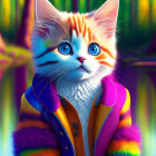 Colorful Fluffy Kitten with Blue Eyes in Vibrant Forest Scene