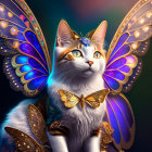 Cat with Butterfly Wings and Intricate Motifs: Vibrant and Whimsical Blue-Eyed