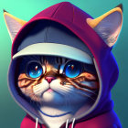 Stylized cat with blue eyes in purple hoodie and pink cap on teal background