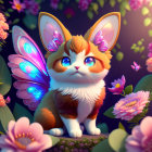 Illustration of whimsical cat with blue eyes, butterfly wings, and floral crown in blooming setting