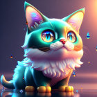 Colorful digital artwork: stylized cat with glowing blue eyes and intricate fur, surrounded by floating te