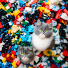 Adorable Gray and White Kitten with Blue Eyes Among Colorful Lego Bricks