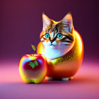 Colorful Cat Illustration with Apple-Like Body on Purple Background
