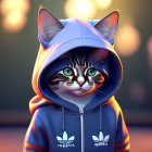 Digital illustration of a cat in a blue Adidas hoodie against blurred backdrop