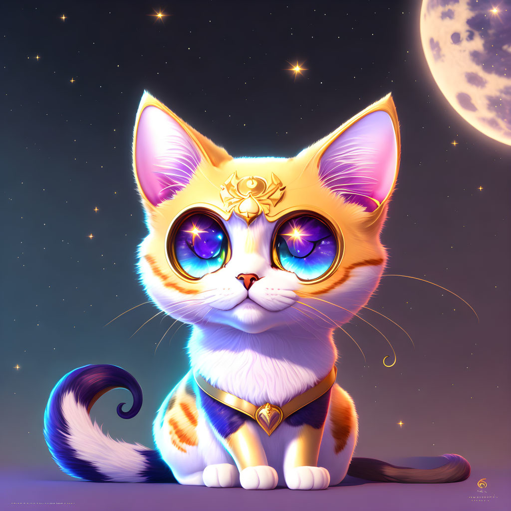 Colorful wide-eyed cat with gold accessories under starry night sky