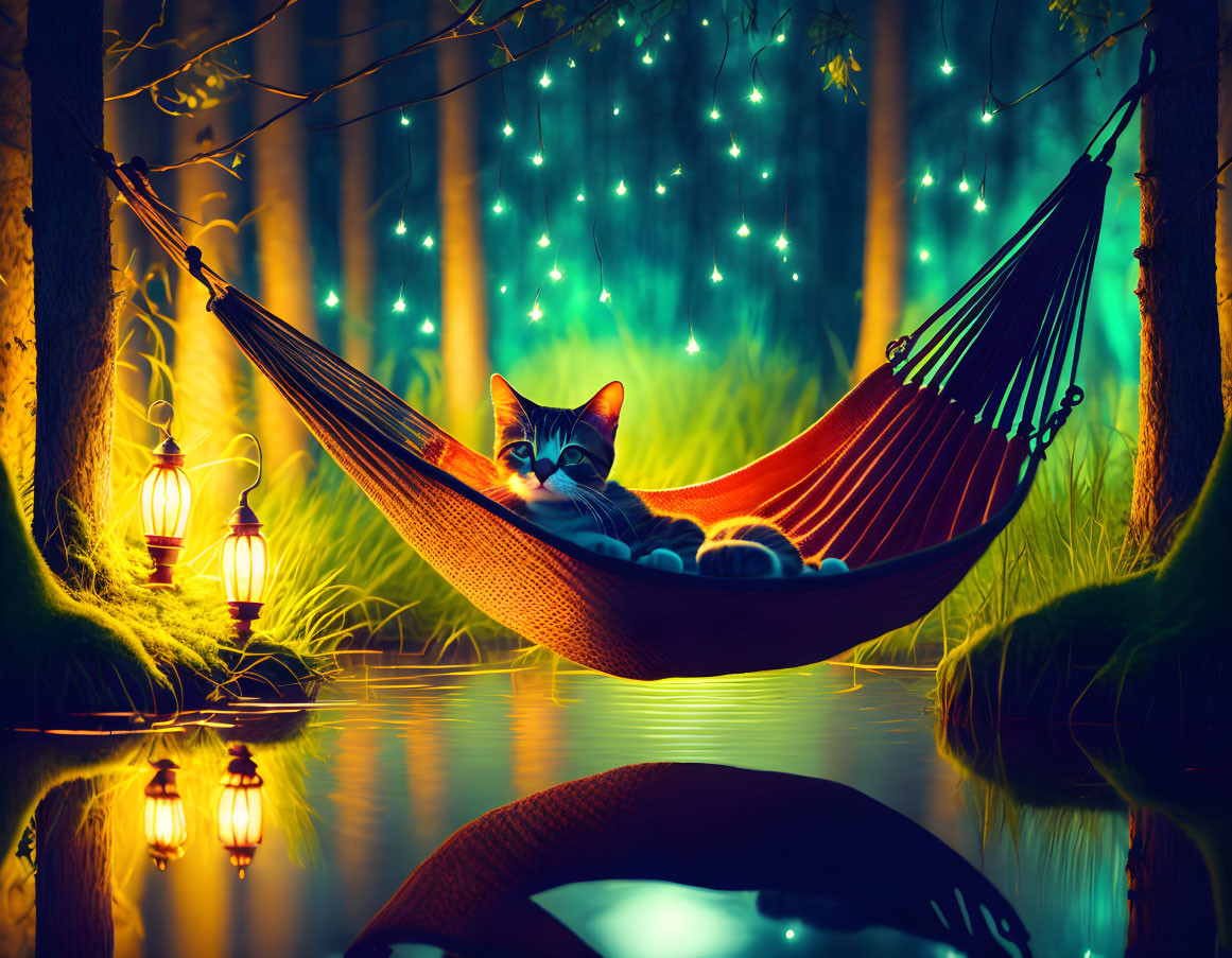 Cat relaxing in mystical forest hammock with glowing lights