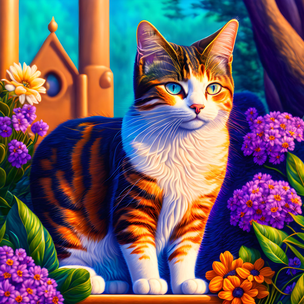 Colorful Striped Cat with Blue Eyes Among Flowers and Castle